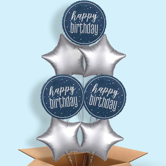 Navy Blue and Silver Happy Birthday Foil Balloon in a Box - 7 Balloon | Small Indoor Plants