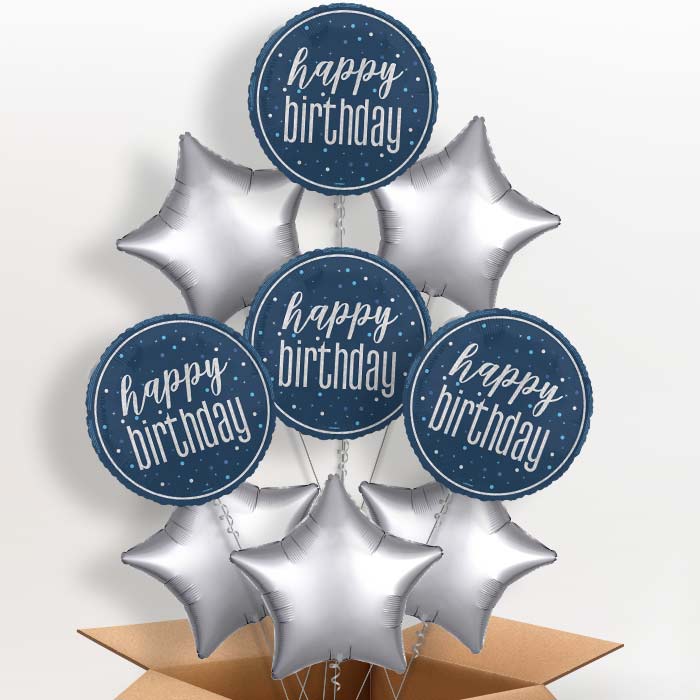 Navy Blue and Silver Happy Birthday Foil Balloon in a Box - 9 Balloon | Small Indoor Plants