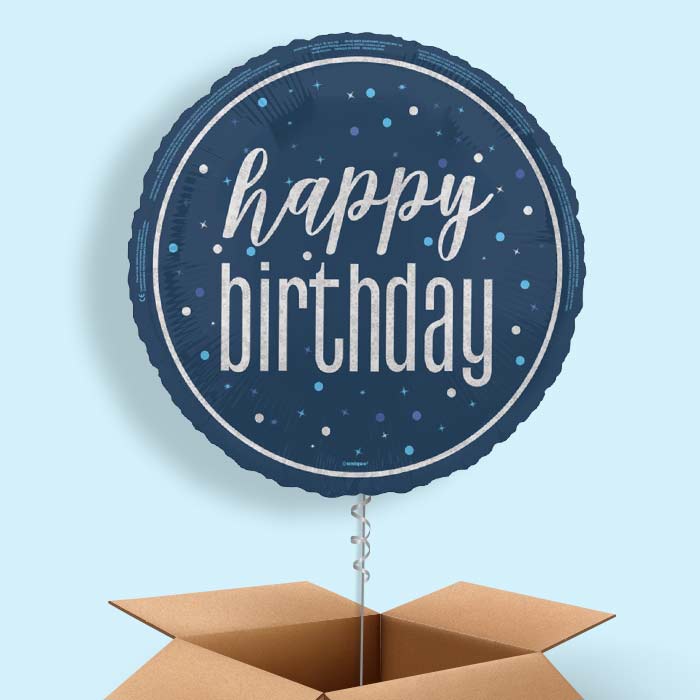 Navy Blue and Silver Happy Birthday Foil Balloon in a Box - 1 Balloon | Small Indoor Plants