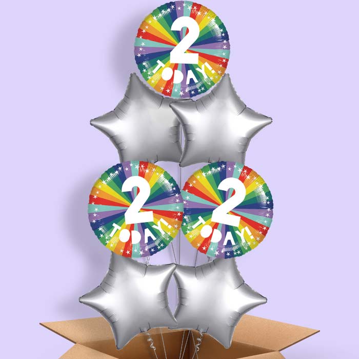 Age 2 2nd Birthday Rainbow Foil Balloon in a Box - 7 Balloon | Small Indoor Plants