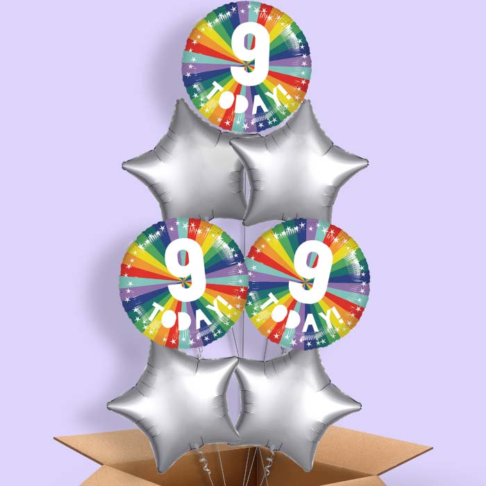 Age 9 9th Birthday Rainbow Foil Balloon in a Box - 7 Balloon | Small Indoor Plants