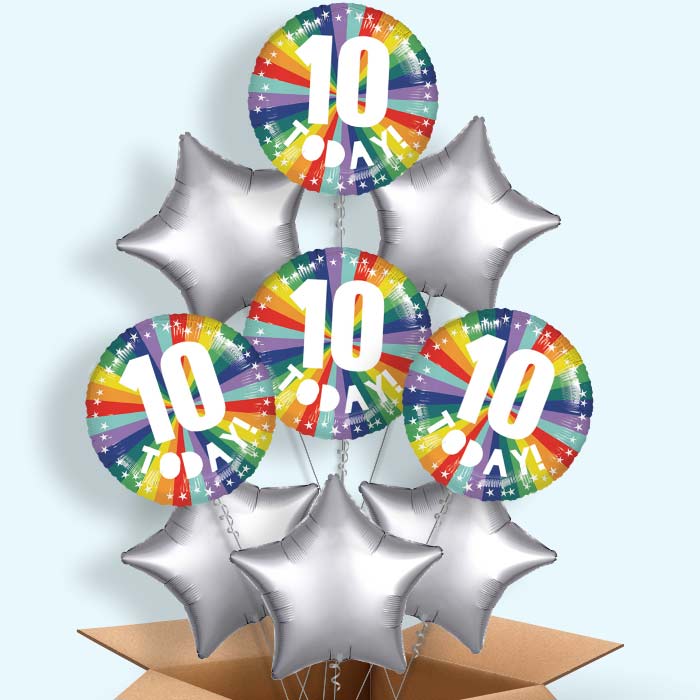 Age 10 10th Birthday Rainbow Foil Balloon in a Box - 9 Balloon | Small Indoor Plants