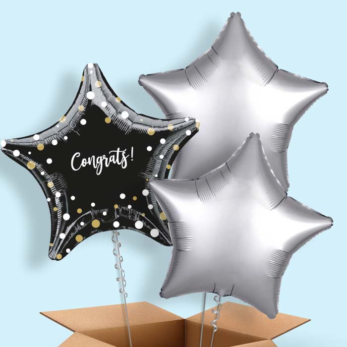 Black Star Dots Congratulations Balloons in a Box - 3 Balloon | Small Indoor Plants