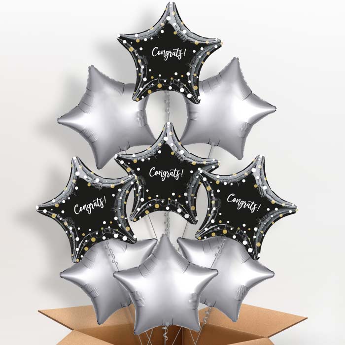 Black Star Dots Congratulations Balloons in a Box - 9 Balloon | Small Indoor Plants