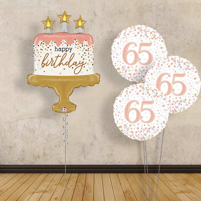 Rose Gold 65th Birthday Balloon Bouquet - Themed Bouquet | Small Indoor Plants