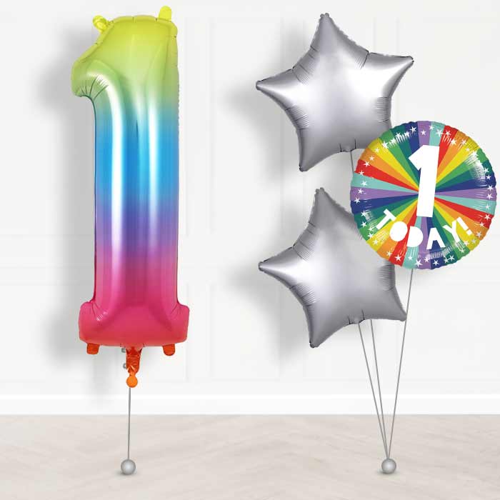 Age 1 1st Birthday Rainbow Balloon Package - Giant Numbers and 3 Balloons | Small Indoor Plants