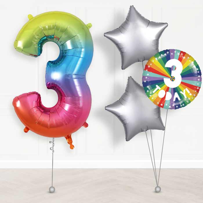 Age 3 3rd Birthday Rainbow Balloon Package - Giant Numbers and 3 Balloons | Small Indoor Plants
