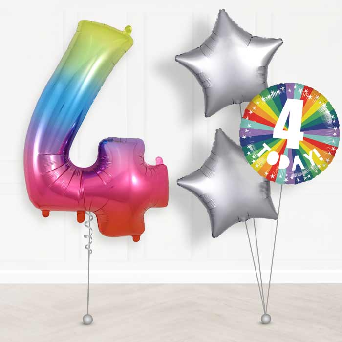 Age 4 4th Birthday Rainbow Balloon Package - Giant Numbers and 3 Balloons | Small Indoor Plants