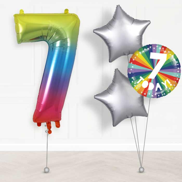 Age 7 7th Birthday Rainbow Balloon Package - Giant Numbers and 3 Balloons | Small Indoor Plants