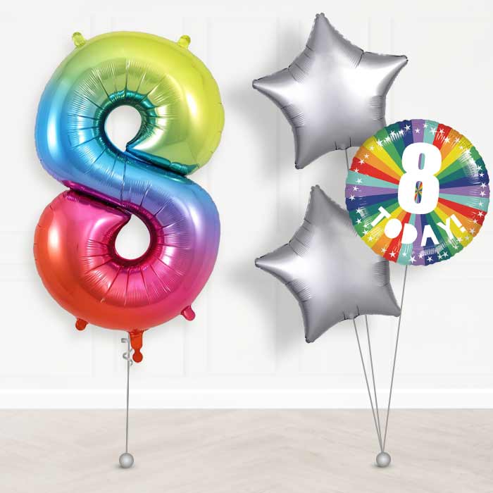 Age 8 8th Birthday Rainbow Balloon Package - Giant Numbers and 3 Balloons | Small Indoor Plants