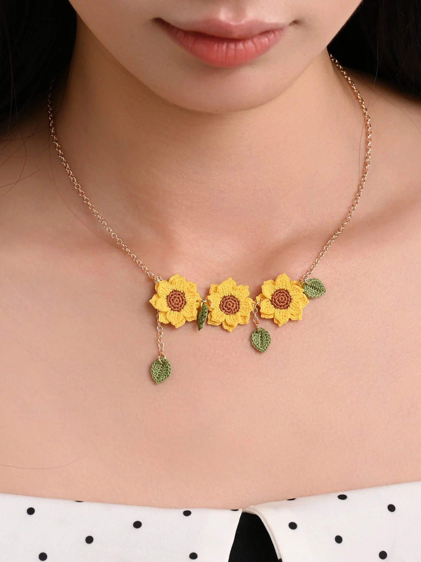 Triple Sunflower Necklace Handmade Crocket Flower Gift
