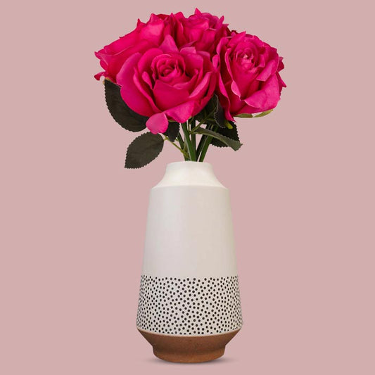Artificial Dark Pink Roses in a Off-White Nordic Vase