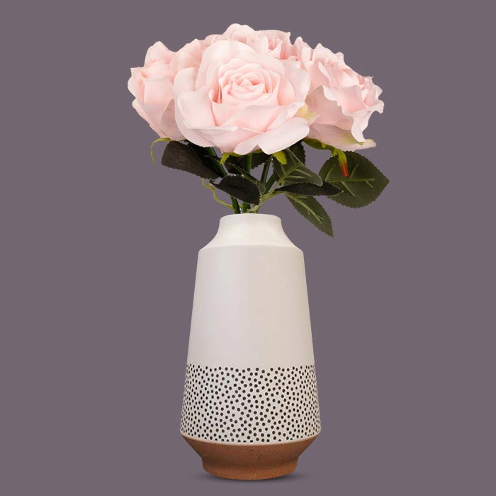 Artificial Soft Pink Roses Bouquet in a Off-White Nordic Vase