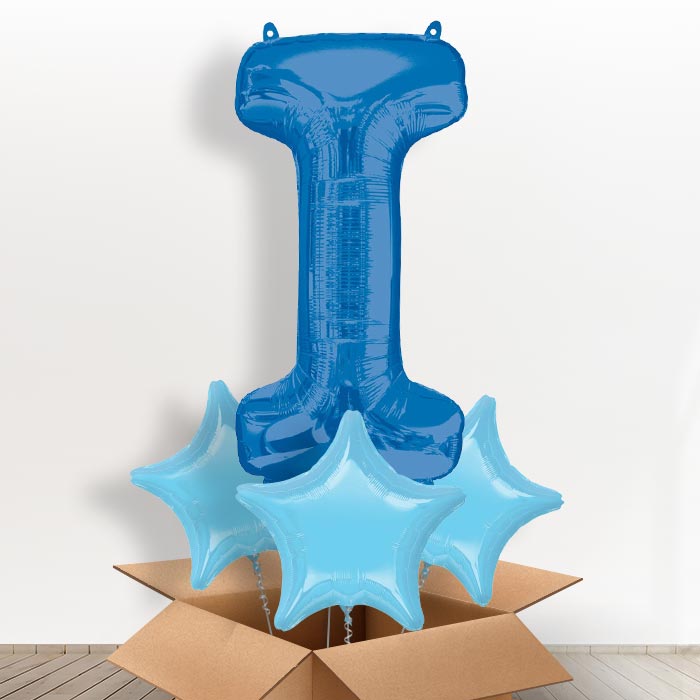 Personalised Letter I Balloon in a Box - Blue - Giant Letter and 3 Balloons | Small Indoor Plants