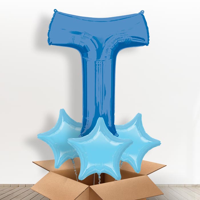 Personalised Letter T Balloon in a Box - Blue - Giant Letter and 3 Balloons | Small Indoor Plants