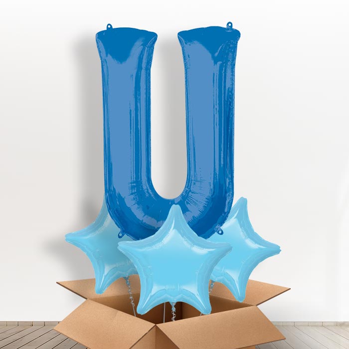Personalised Letter U Balloon in a Box - Blue - Giant Letter and 3 Balloons | Small Indoor Plants