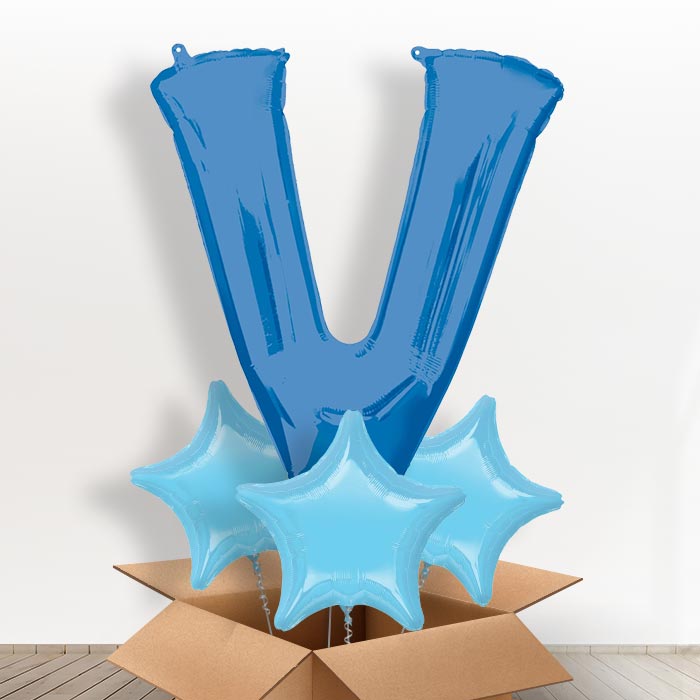 Personalised V Balloon in a Box - Blue - Giant Letter and 3 Balloons | Small Indoor Plants