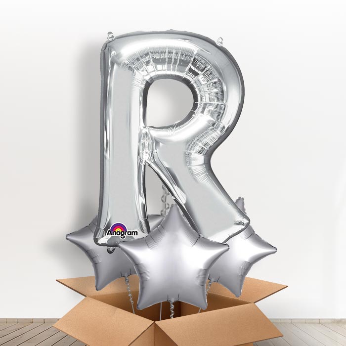 Personalised R Balloon in a Box - Silver - Giant Letter and 3 Balloons | Small Indoor Plants