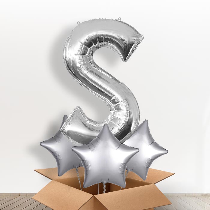 Personalised Balloon S in a Box - Silver - Giant Letter and 3 Balloons | Small Indoor Plants
