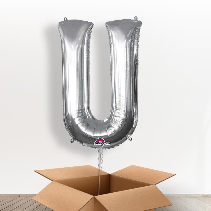 Personalised Letter U Balloon in a Box - Silver - Giant Letter | Small Indoor Plants
