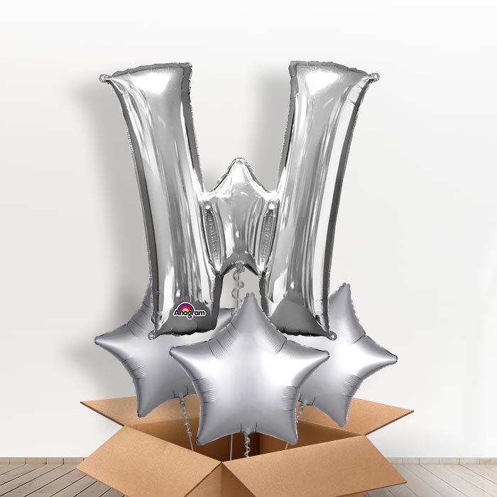 Personalised W Balloon in a Box - Silver - Giant Letter and 3 Balloons | Small Indoor Plants