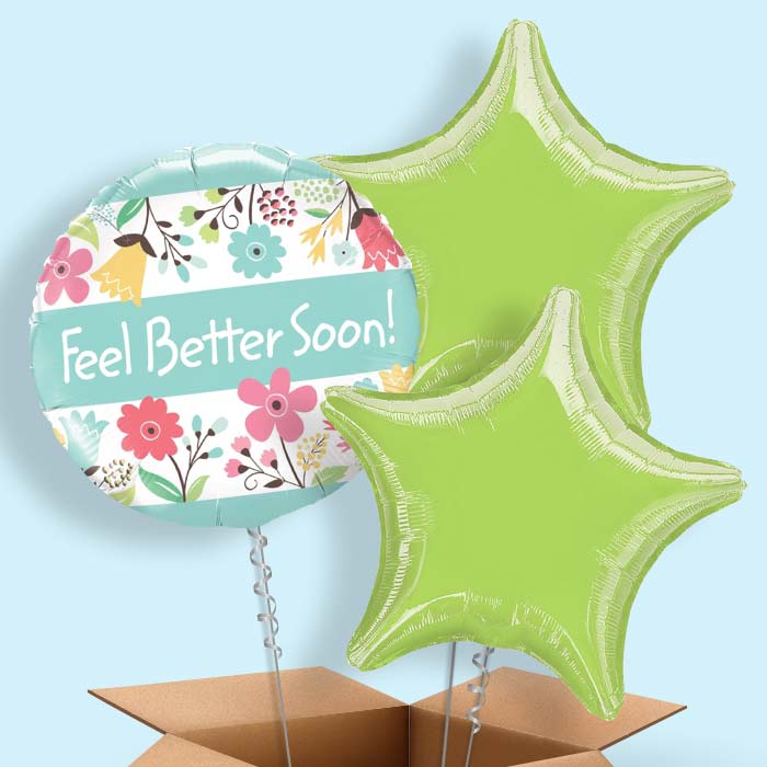 Get Well Soon Balloon Delivery in a Box (Floral) - 3 Balloon | Small Indoor Plants