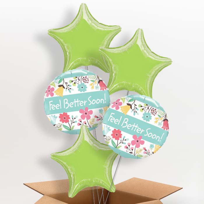Get Well Soon Balloon Delivery in a Box (Floral) - 5 Balloon | Small Indoor Plants