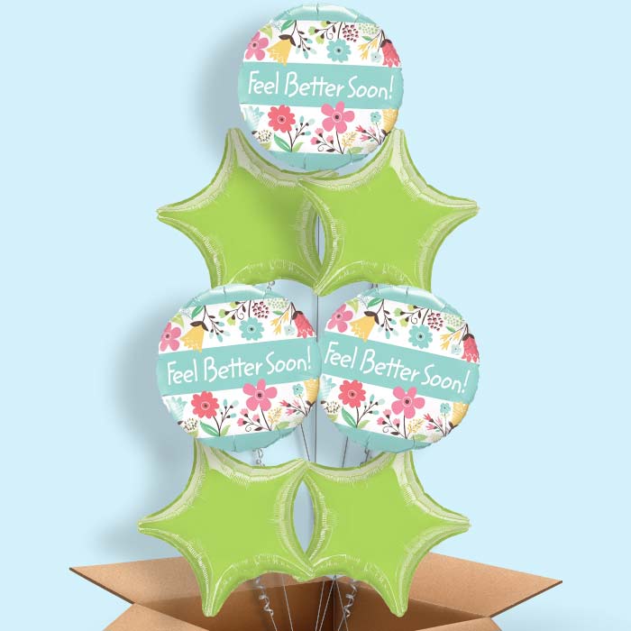 Get Well Soon Balloon Delivery in a Box (Floral) - 7 Balloon | Small Indoor Plants