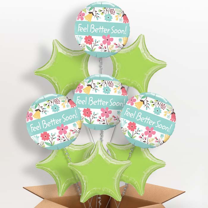 Get Well Soon Balloon Delivery in a Box (Floral) - 9 Balloon | Small Indoor Plants
