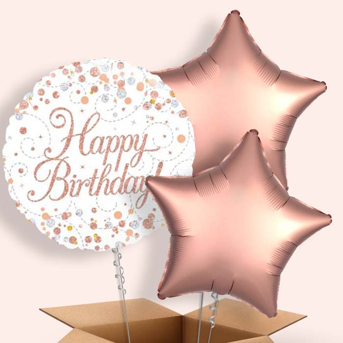 Rose Gold Birthday Balloons Delivered - 3 Balloon | Small Indoor Plants