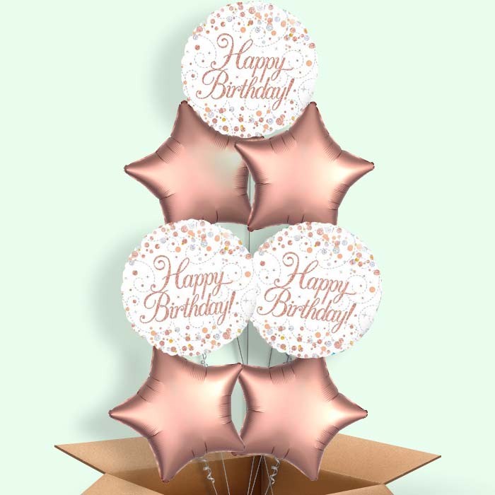 Rose Gold Birthday Balloons Delivered - 7 Balloon | Small Indoor Plants