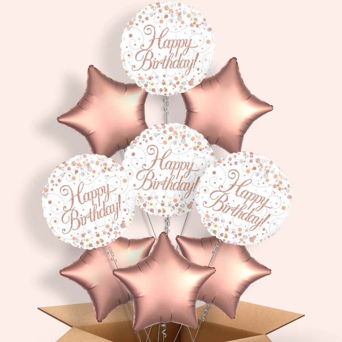 Rose Gold Birthday Balloons Delivered - 9 Balloon | Small Indoor Plants