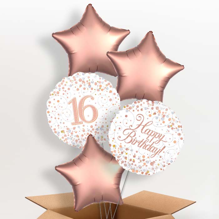 Rose Gold and White 16th Birthday Balloon in a Box - 5 Balloon | Small Indoor Plants