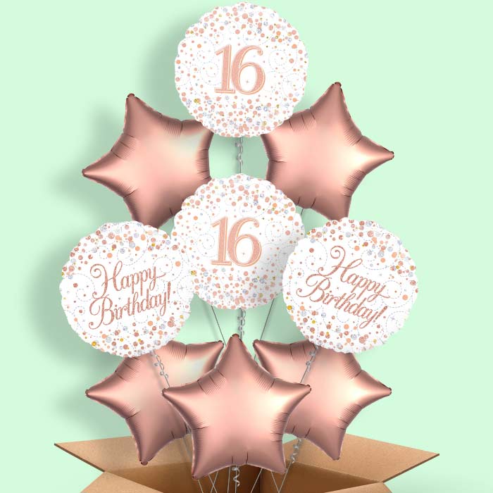 Rose Gold and White 16th Birthday Balloon in a Box - 9 Balloon | Small Indoor Plants
