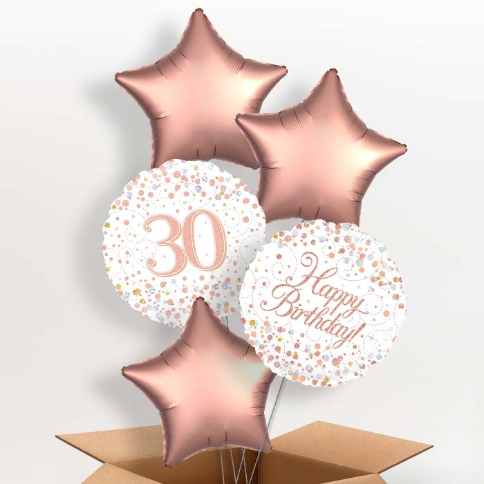 Rose Gold and White 30th Birthday Balloon in a Box - 5 Balloon | Small Indoor Plants