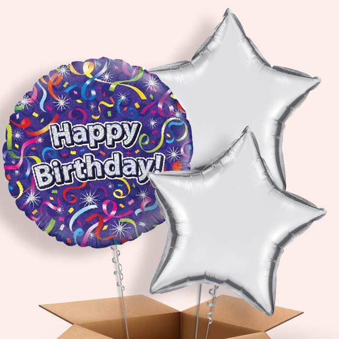 Purple Streamers Happy Birthday Balloon in a Box - 3 Balloon | Small Indoor Plants