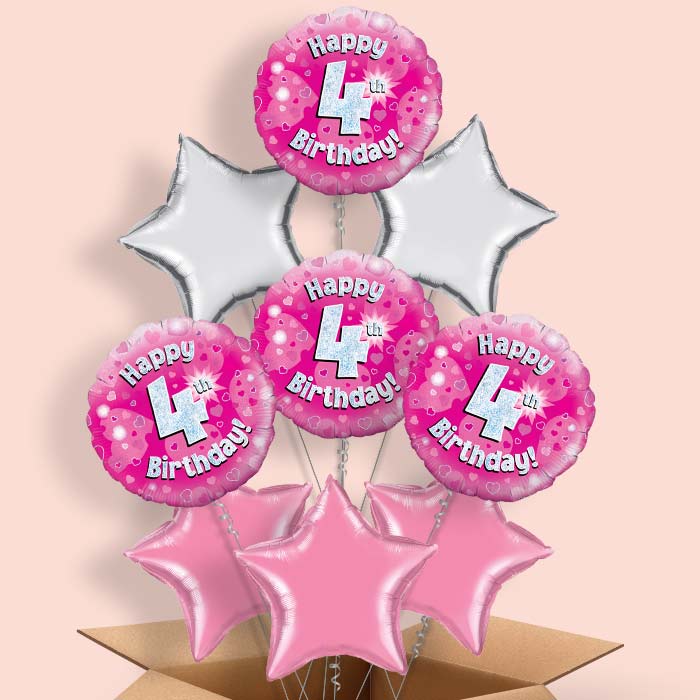 Happy 4th Birthday Pink Hearts Balloon in a Box