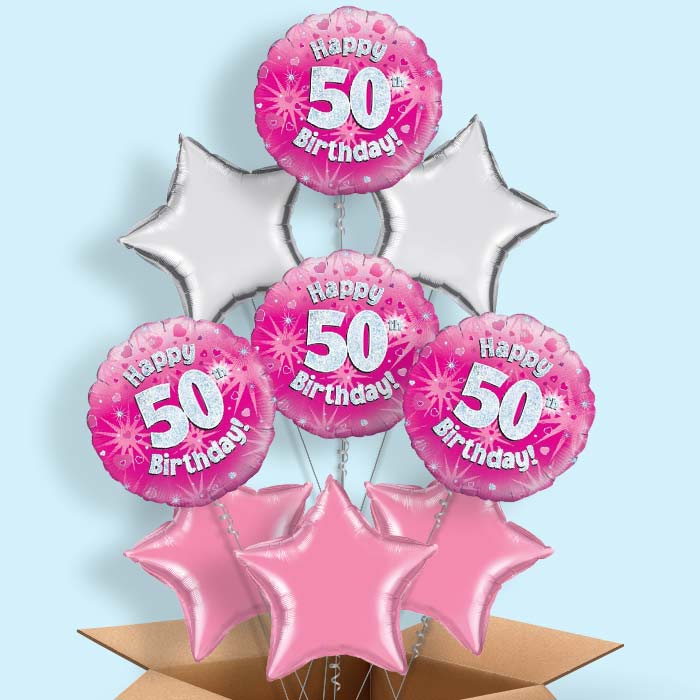 Happy 50th Birthday Pink Hearts Balloon in a Box - 9 Balloon | Small Indoor Plants