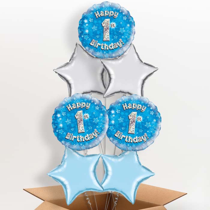 Blue Star 1st Birthday Balloons Delivered in a Box