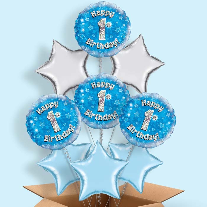 Blue Star 1st Birthday Balloons Delivered in a Box