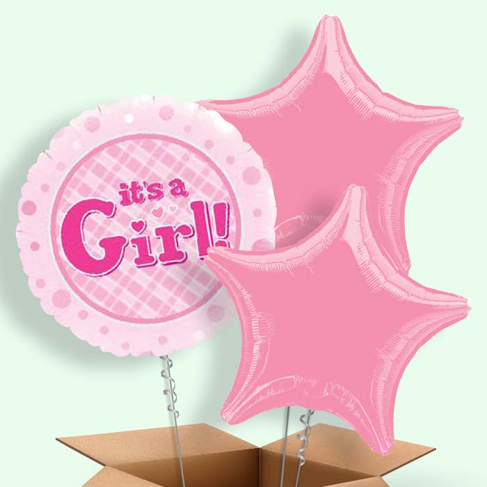 New Baby Balloon Gift in a Box (It's a Girl) - 3 Balloon | Small Indoor Plants