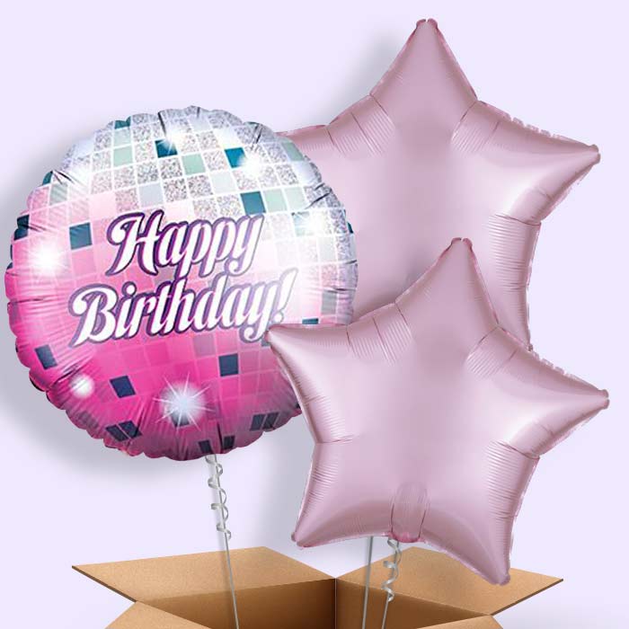 Pink Birthday Disco Ball Helium Balloon in a Box - 3 Balloon | Small Indoor Plants