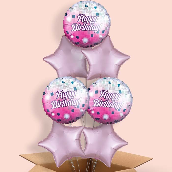 Pink Birthday Disco Ball Helium Balloon in a Box - 7 Balloon | Small Indoor Plants