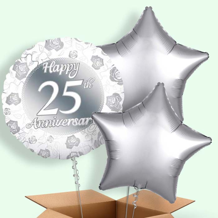 25th Wedding Anniversary Balloons in a Box (Silver) - 3 Balloon | Small Indoor Plants