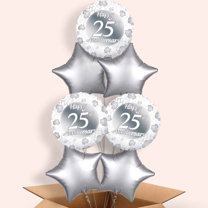 25th Wedding Anniversary Balloons in a Box (Silver) - 7 Balloon | Small Indoor Plants