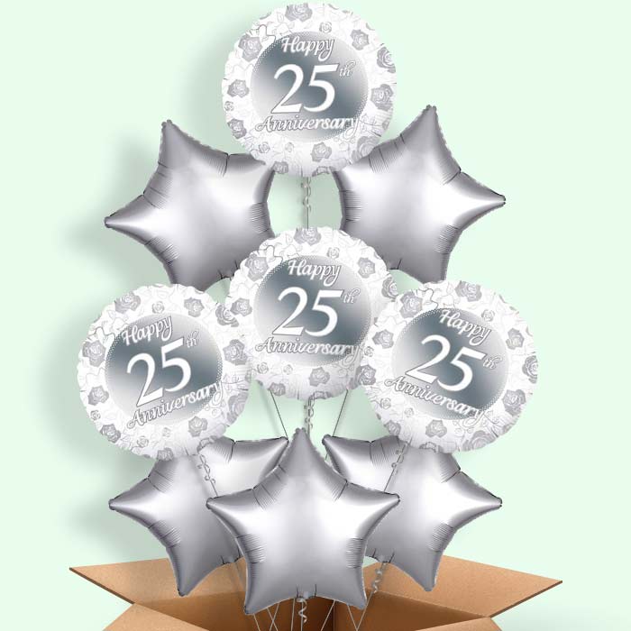 25th Wedding Anniversary Balloons in a Box (Silver) - 9 Balloon | Small Indoor Plants