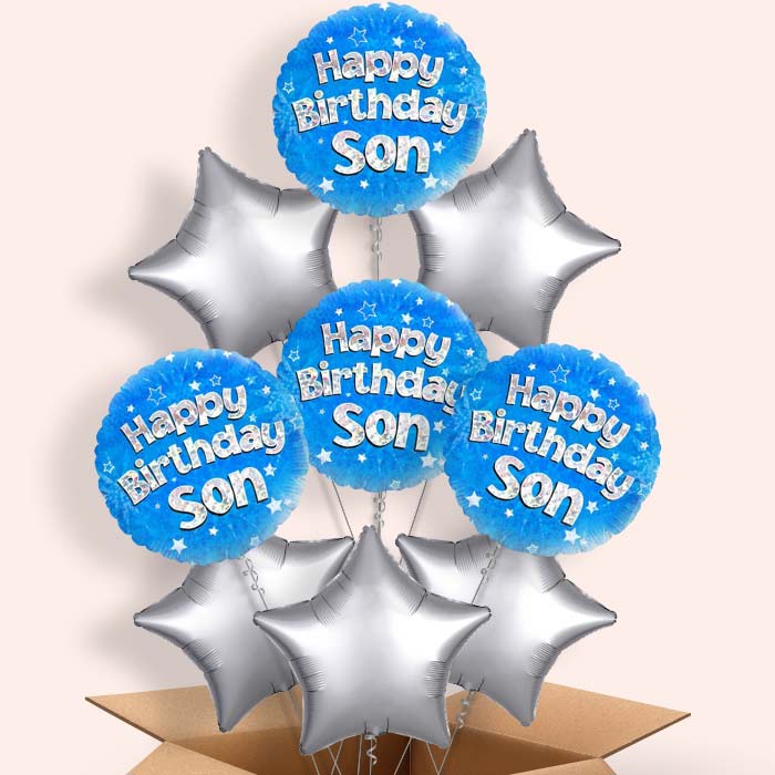 Happy Birthday Son Blue Stars Balloon in a Box - 9 Balloon | Small Indoor Plants