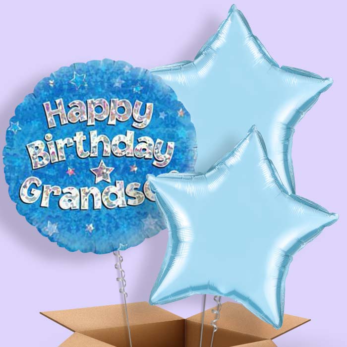 Happy Birthday Grandson Blue Stars Balloon in a Box - 3 Balloon | Small Indoor Plants