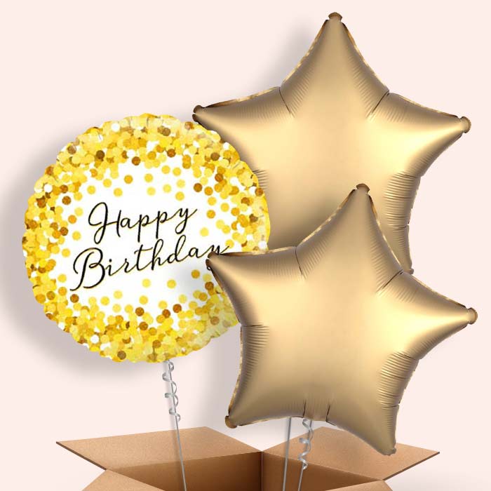 Gold Confetti Happy Birthday Balloons in a Box