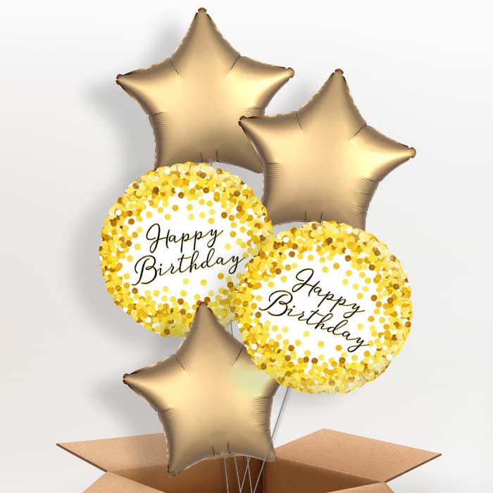 Gold Confetti Happy Birthday Balloons in a Box